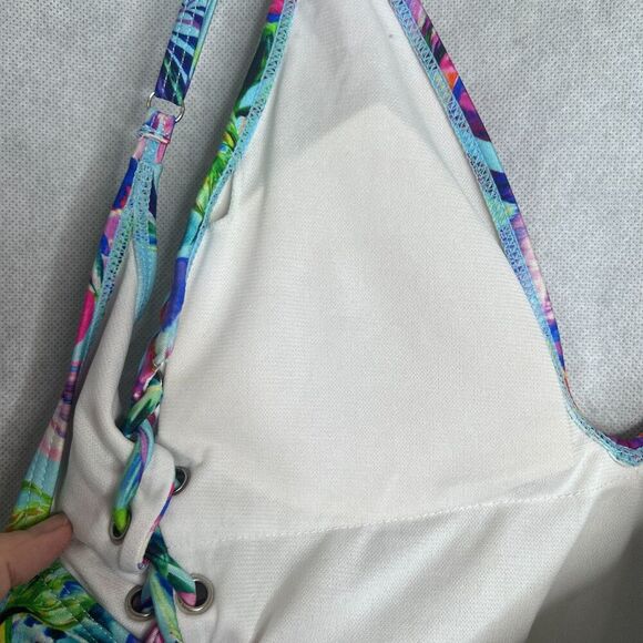 Stylish Swimwear Triangle Top Tie Side Tropical Pattern Deep V Swimsuit Sz LG - Picture 5 of 10